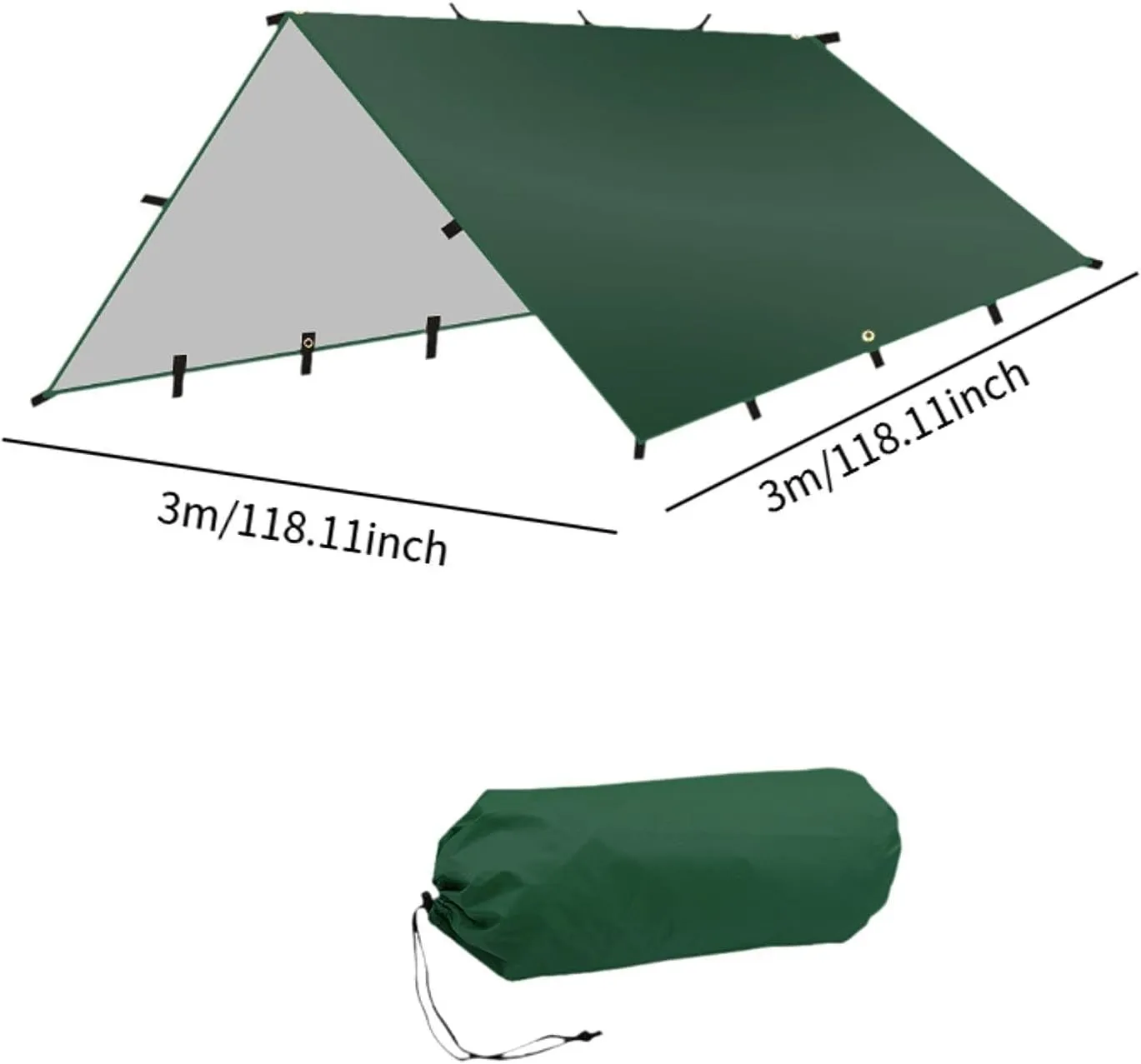 YIJU Folding Tent Shelter Camping Tarp Rain Cover 118x118inch for Hammock with Carrying Bag Multifunctional Accessory Waterproof, Green