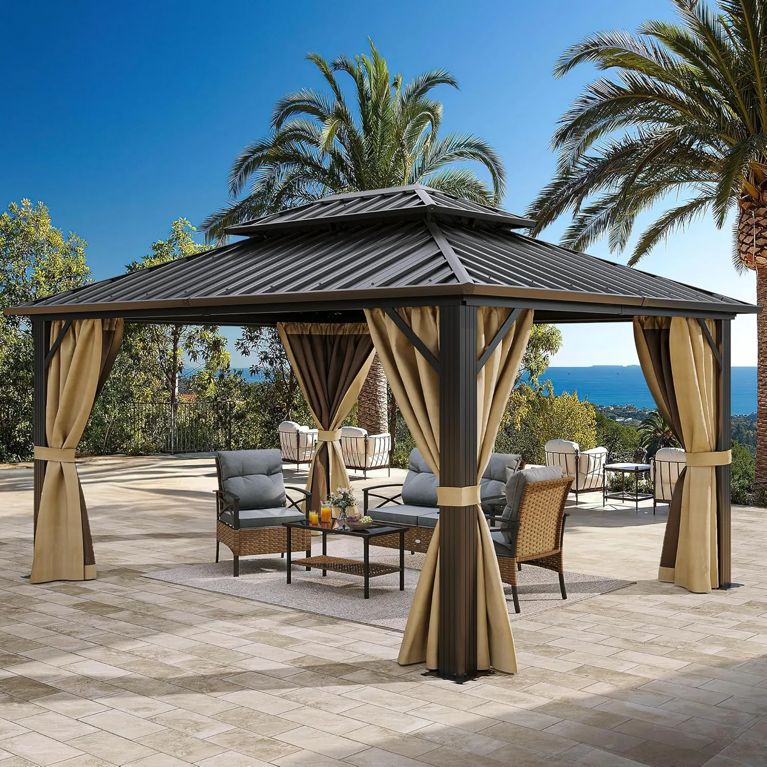 YITAHOME 10x12 ft Hardtop Gazebo with Netting and Shaded Curtains, Outdoor Metal Gazebo 2-Tier Hardtop Galvanized Iron Aluminum Frame Garden Tent for Patio, Backyard, Deck and Lawns
