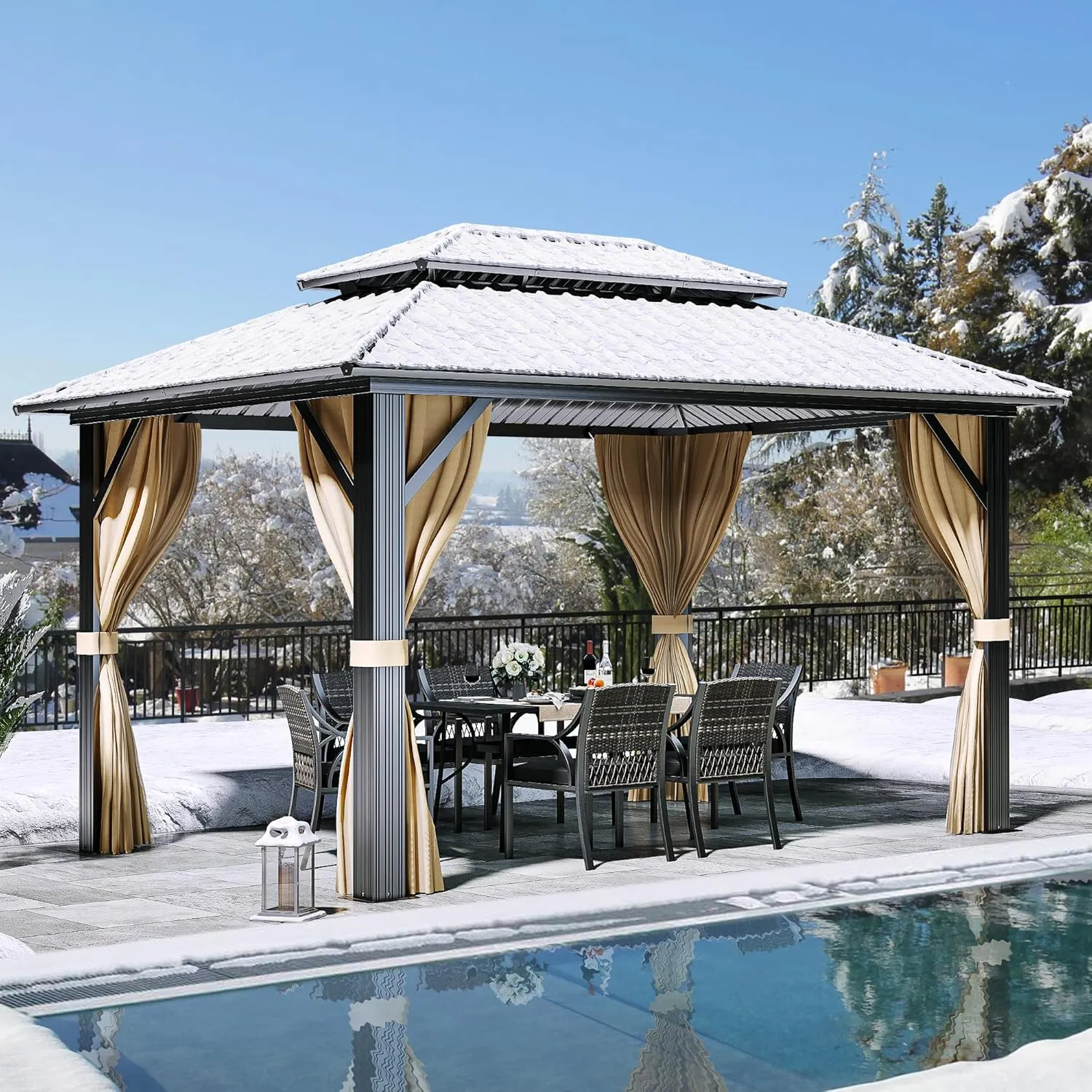 YITAHOME 12x16ft Gazebo 2-Tier Galvanized Iron Hardtop Canopy with Netting and Curtains, Outdoor Aluminum Frame Garden Tent for Patio, Backyard, Deck and Lawns (12X16 ft) Brown