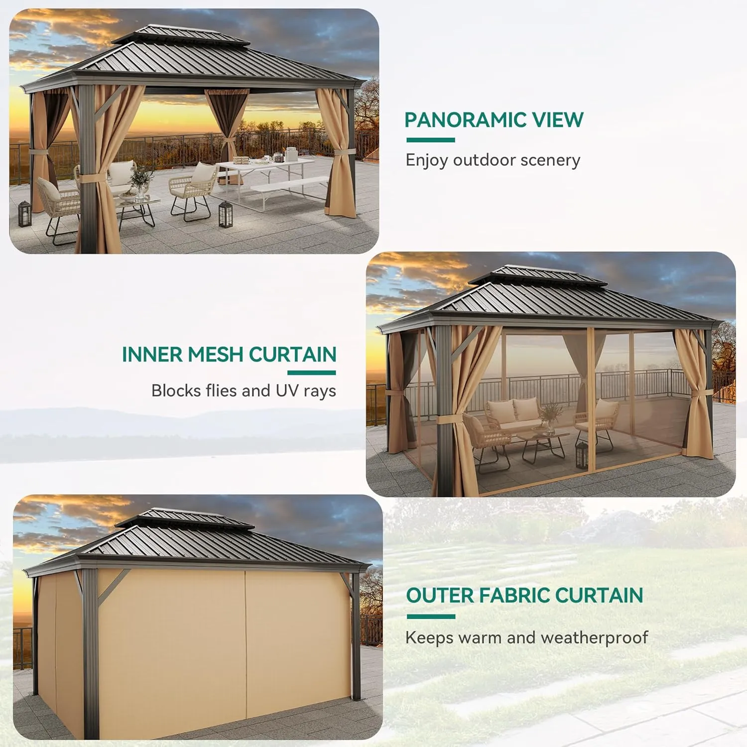 YITAHOME 12x16ft Gazebo 2-Tier Galvanized Iron Hardtop Canopy with Netting and Curtains, Outdoor Aluminum Frame Garden Tent for Patio, Backyard, Deck and Lawns (12X16 ft) Brown