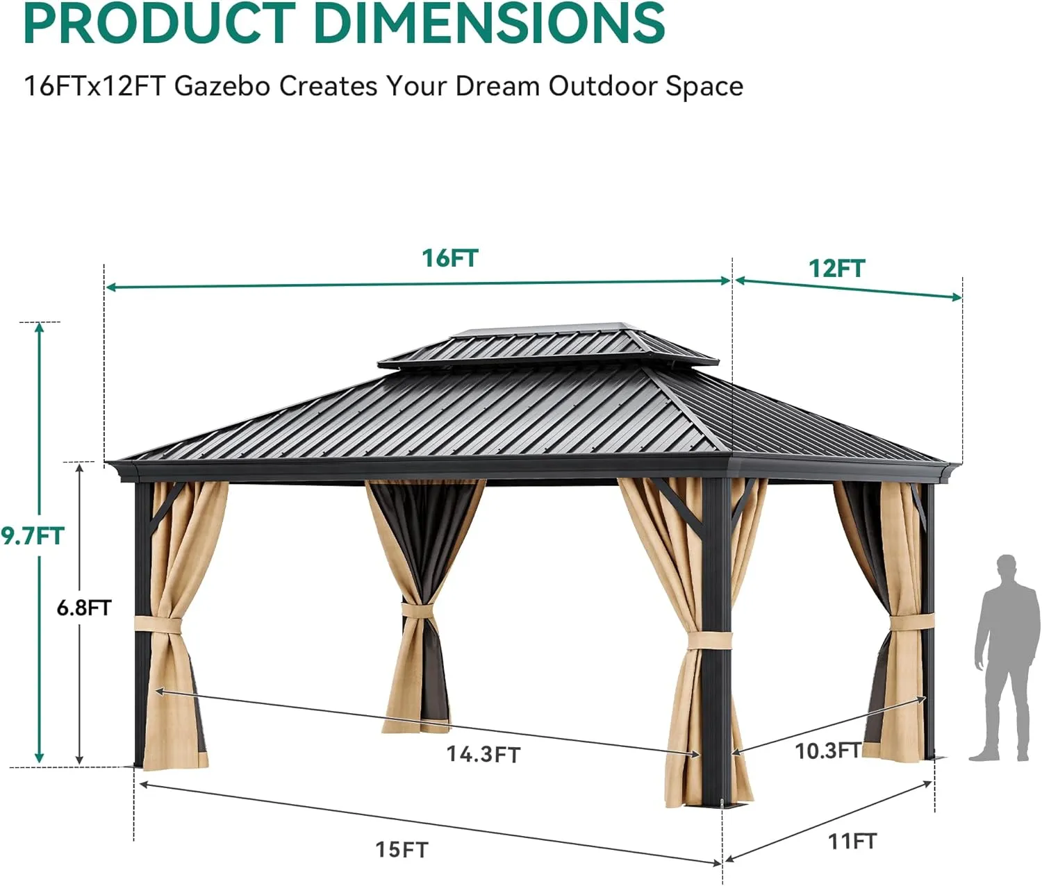 YITAHOME 12x16ft Gazebo 2-Tier Galvanized Iron Hardtop Canopy with Netting and Curtains, Outdoor Aluminum Frame Garden Tent for Patio, Backyard, Deck and Lawns (12X16 ft) Brown