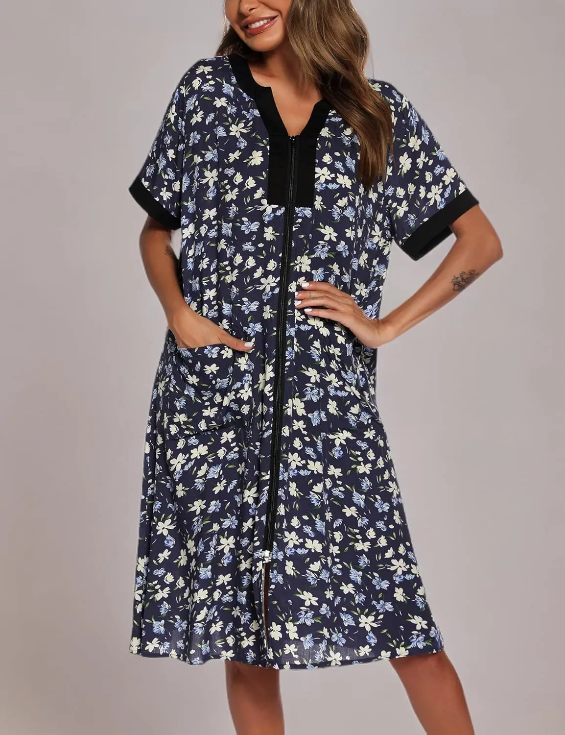 YOZLY House Dresses for Women Zipper Front Housecoat Lightweight Duster Robe with Pockets