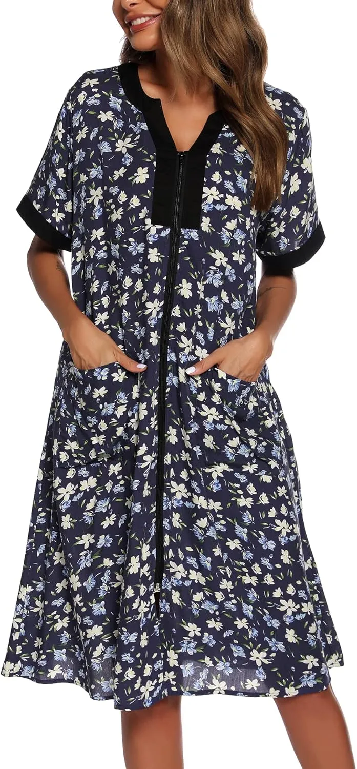 YOZLY House Dresses for Women Zipper Front Housecoat Lightweight Duster Robe with Pockets