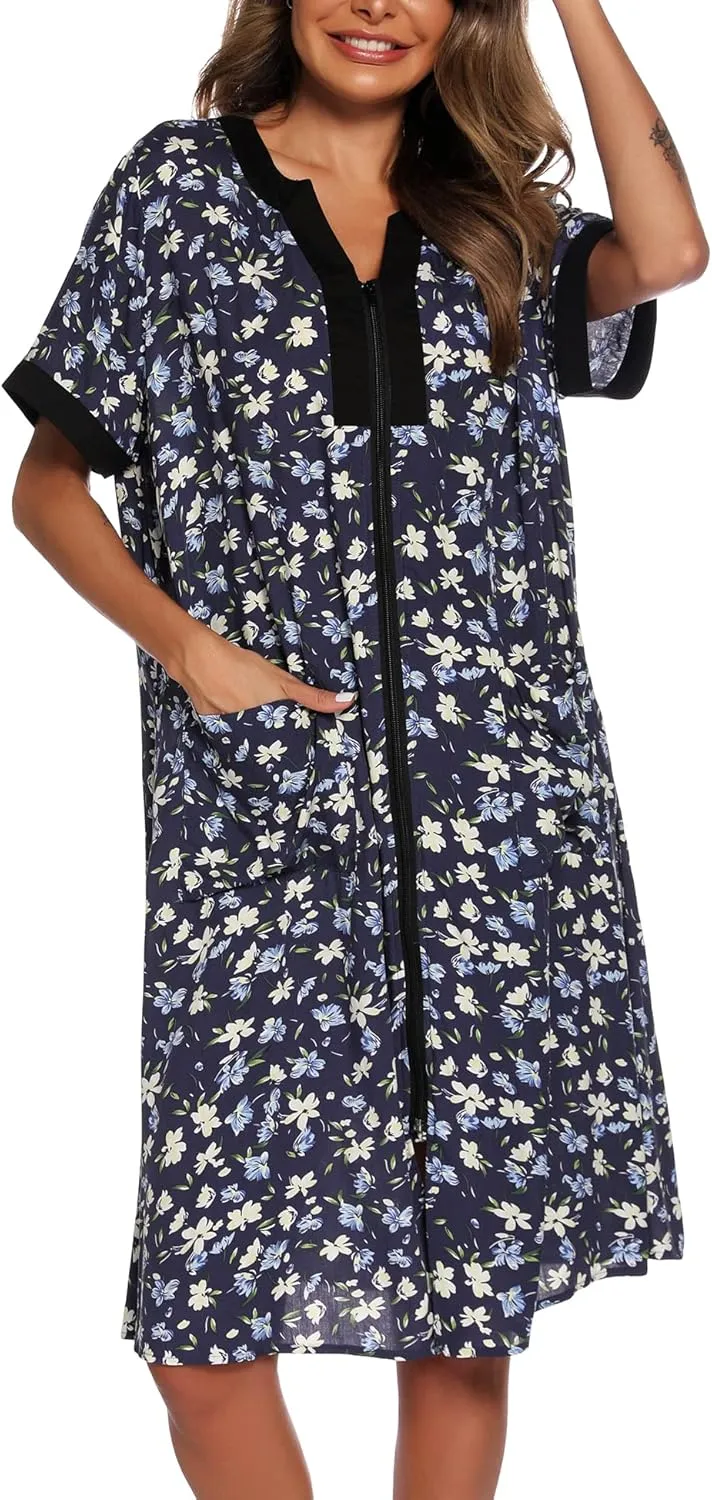 YOZLY House Dresses for Women Zipper Front Housecoat Lightweight Duster Robe with Pockets