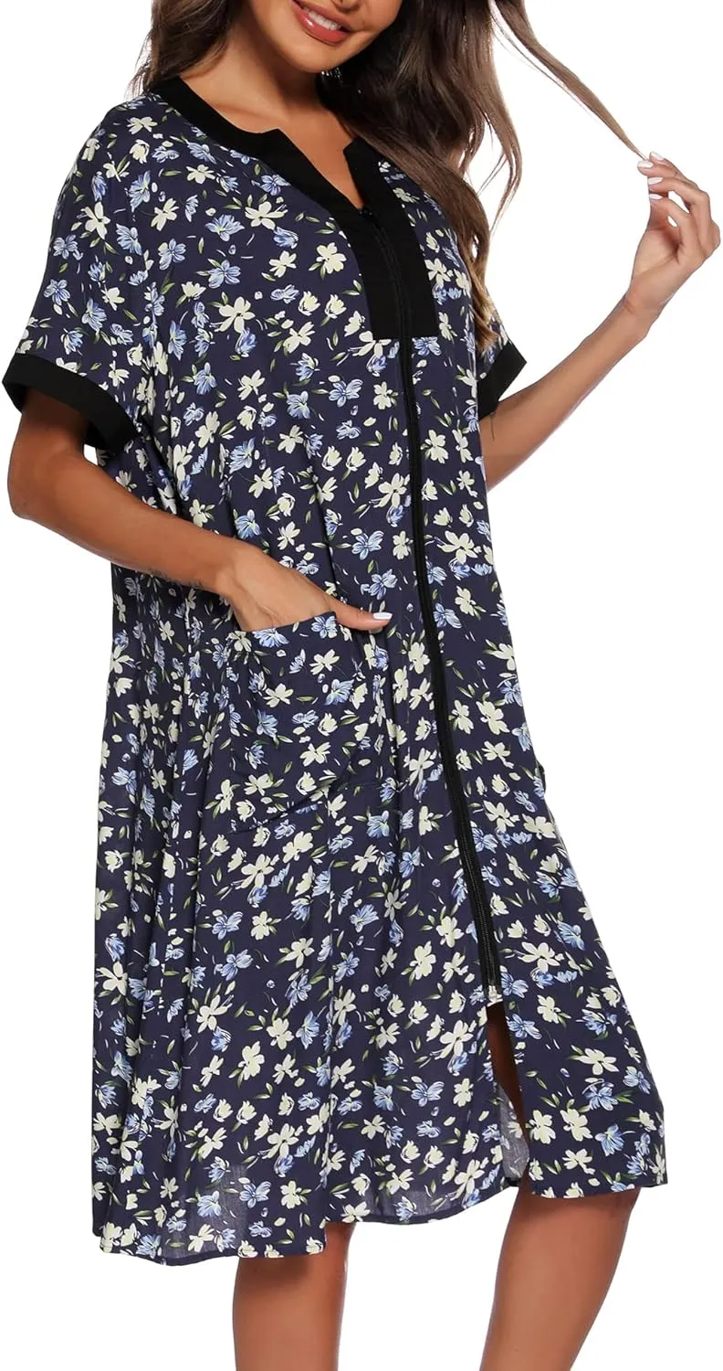 YOZLY House Dresses for Women Zipper Front Housecoat Lightweight Duster Robe with Pockets