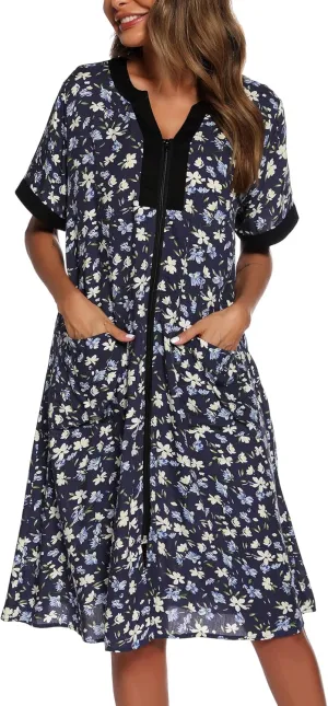 YOZLY House Dresses for Women Zipper Front Housecoat Lightweight Duster Robe with Pockets