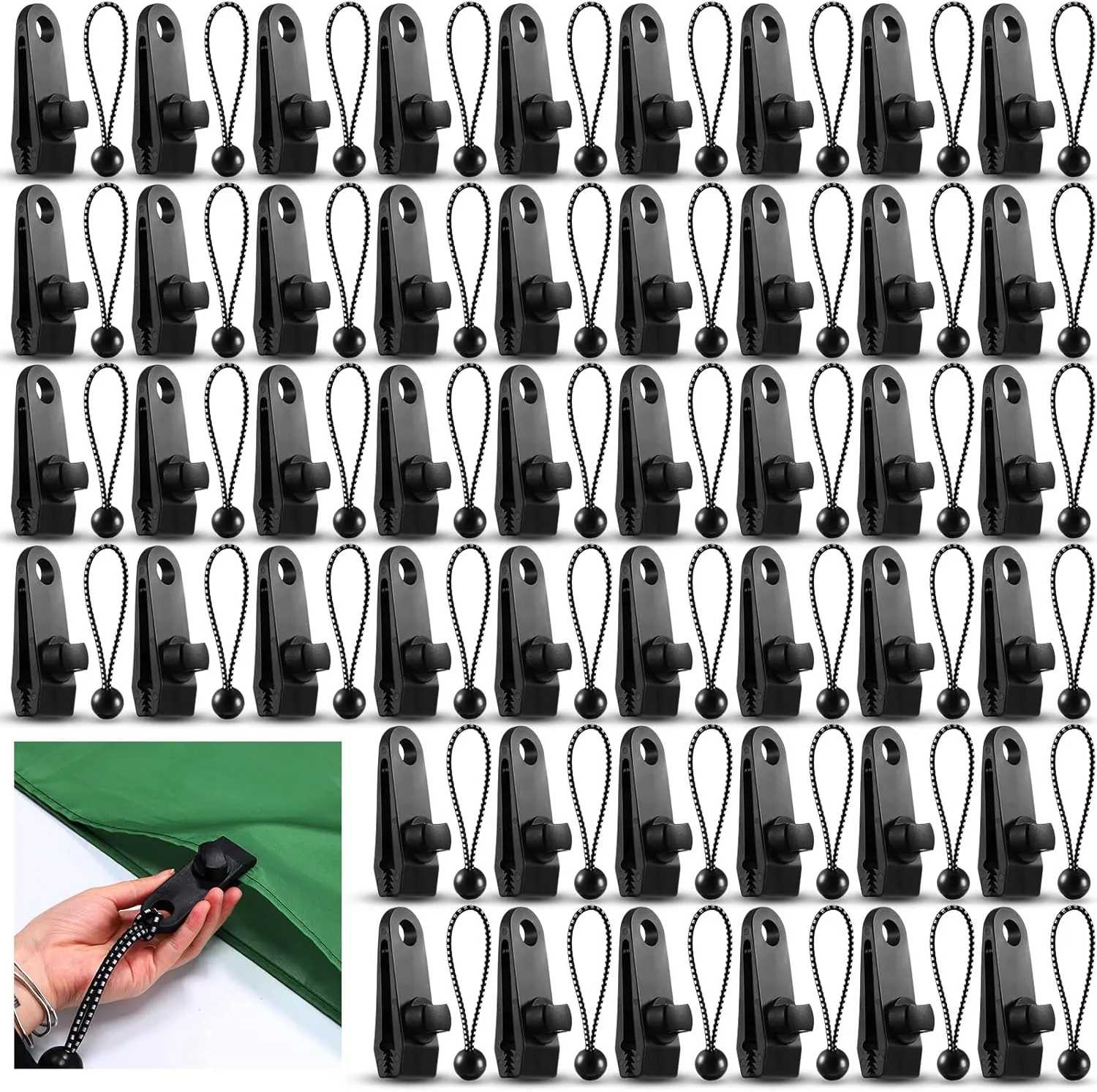 Yulejo 72 Pcs Tarp Clips Heavy Duty and Ball Bungee Cords Tarp Clamps Shark Tent Fasteners Clips Holder for Swimming Pool Cover Awnings Outdoor Camping Caravan Canopies Car