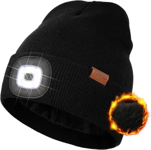 YunTuo Fleece Lined Beanie Headlamp Hat with Light, Rechargeable LED Winter Cap, Gifts for Men Women Husband