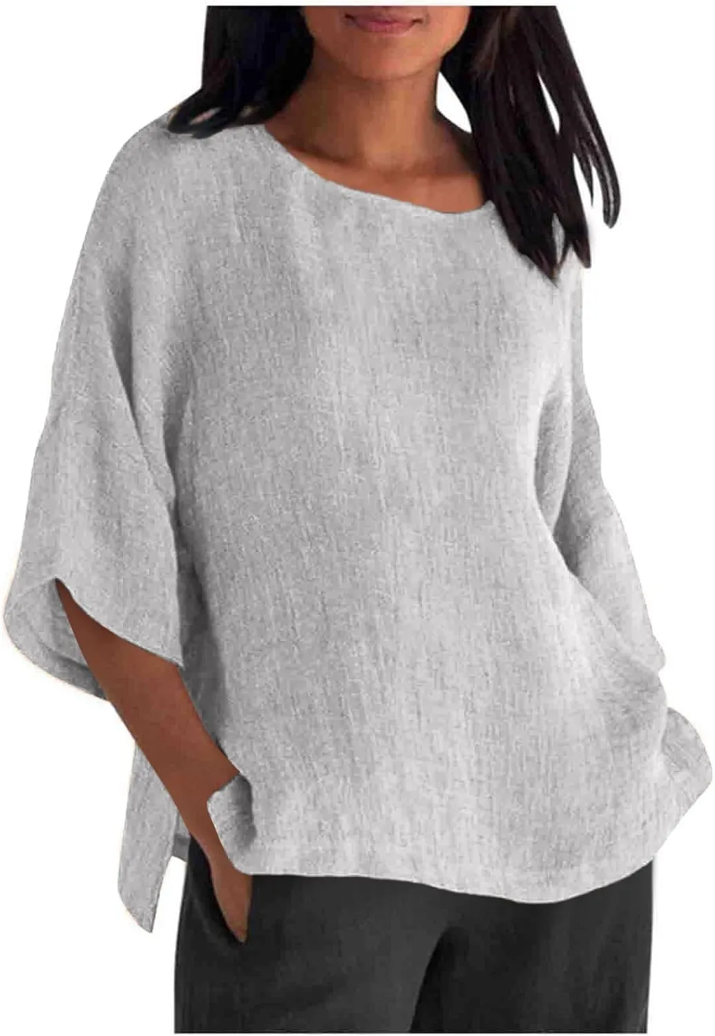 ZOCAVIA Women's Plus Size Casual Loose Cotton Linen 3/4 Sleeve Shirts Blouses 2024 Spring Summer Lightweight Solid Tunic Tops