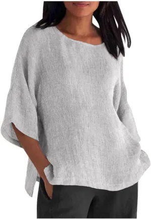 ZOCAVIA Women's Plus Size Casual Loose Cotton Linen 3/4 Sleeve Shirts Blouses 2024 Spring Summer Lightweight Solid Tunic Tops