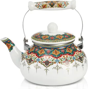 ZOOFOX Ceramic Enamel Tea Kettle, 2.6 Quart Large Floral Colorful Teapot with Handle for Stovetop, Retro Hot Water Tea Kettle Pot, No Whistling