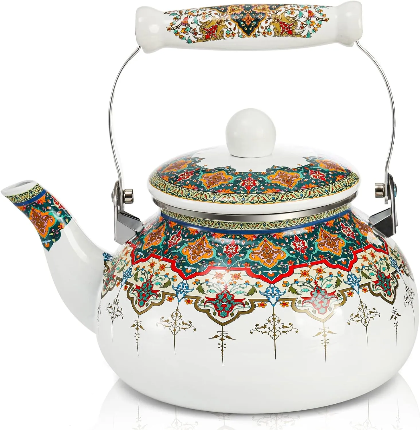 ZOOFOX Ceramic Enamel Tea Kettle, 2.6 Quart Large Floral Colorful Teapot with Handle for Stovetop, Retro Hot Water Tea Kettle Pot, No Whistling